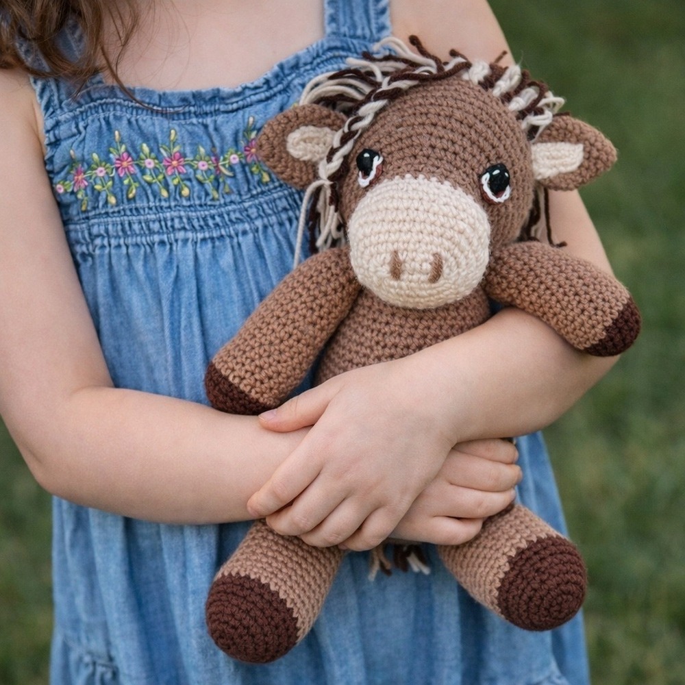 Handmade Crochet Horse Plush Stuffed Animal Toy Brown White Mane